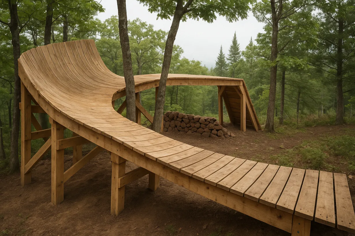 Professional wooden wall ride construction with proper structural support and smooth transitions for advanced mountain bike trail features