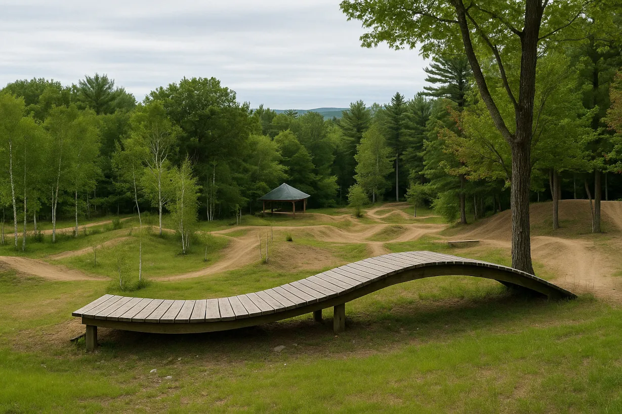 Professional wooden bridge feature on a mountain bike trail with proper structural support, smooth transitions, and safety features for rider progression