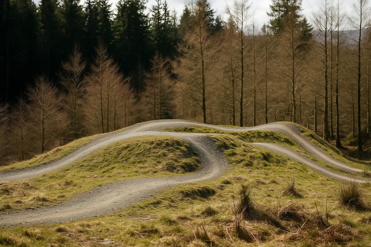 Professional flowing mountain bike trail with perfectly spaced features and natural rhythm through forest terrain
