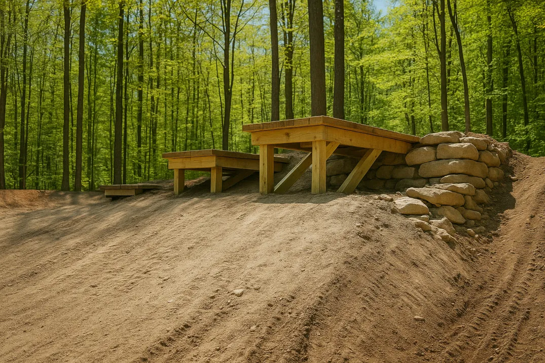 Professional mountain bike drop feature with properly constructed takeoff, landing zone, and a rider demonstrating proper technique