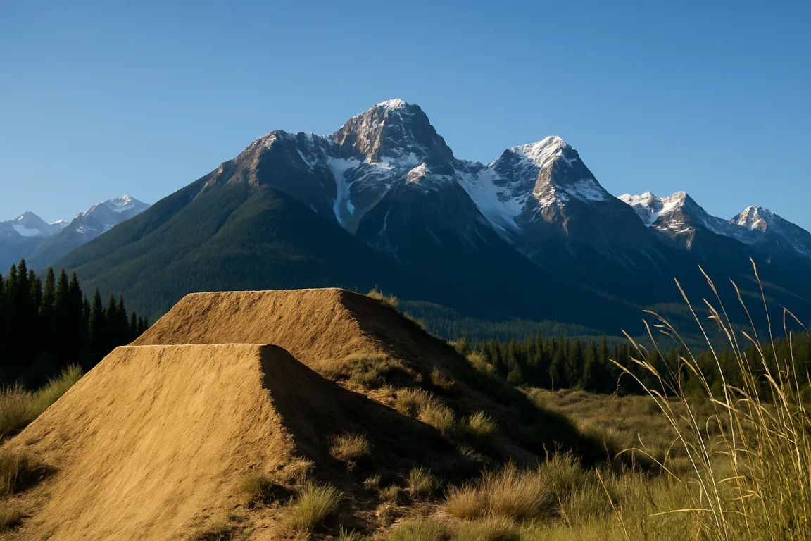 Professional mountain bike gap jump with properly constructed takeoff, landing zone, and clear sight lines for rider safety and progression