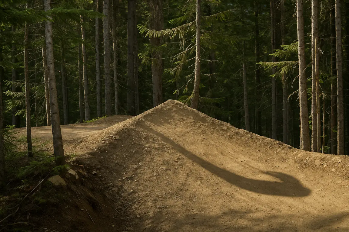 Professional mountain bike jump line with perfectly spaced tabletops, rollers and rhythm sections creating progressive flow for riders of various skill levels