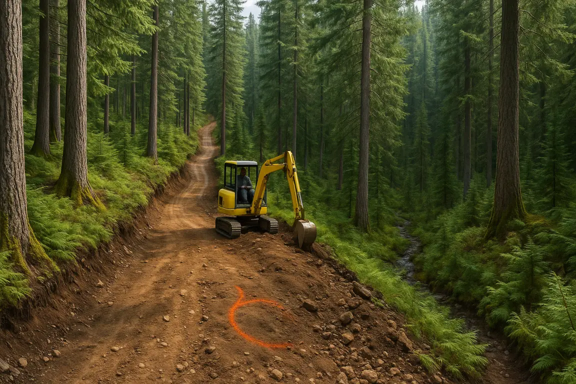 Professional trail builder operating a mini-excavator to construct a perfectly shaped mountain bike flow trail with proper drainage and sustainable design