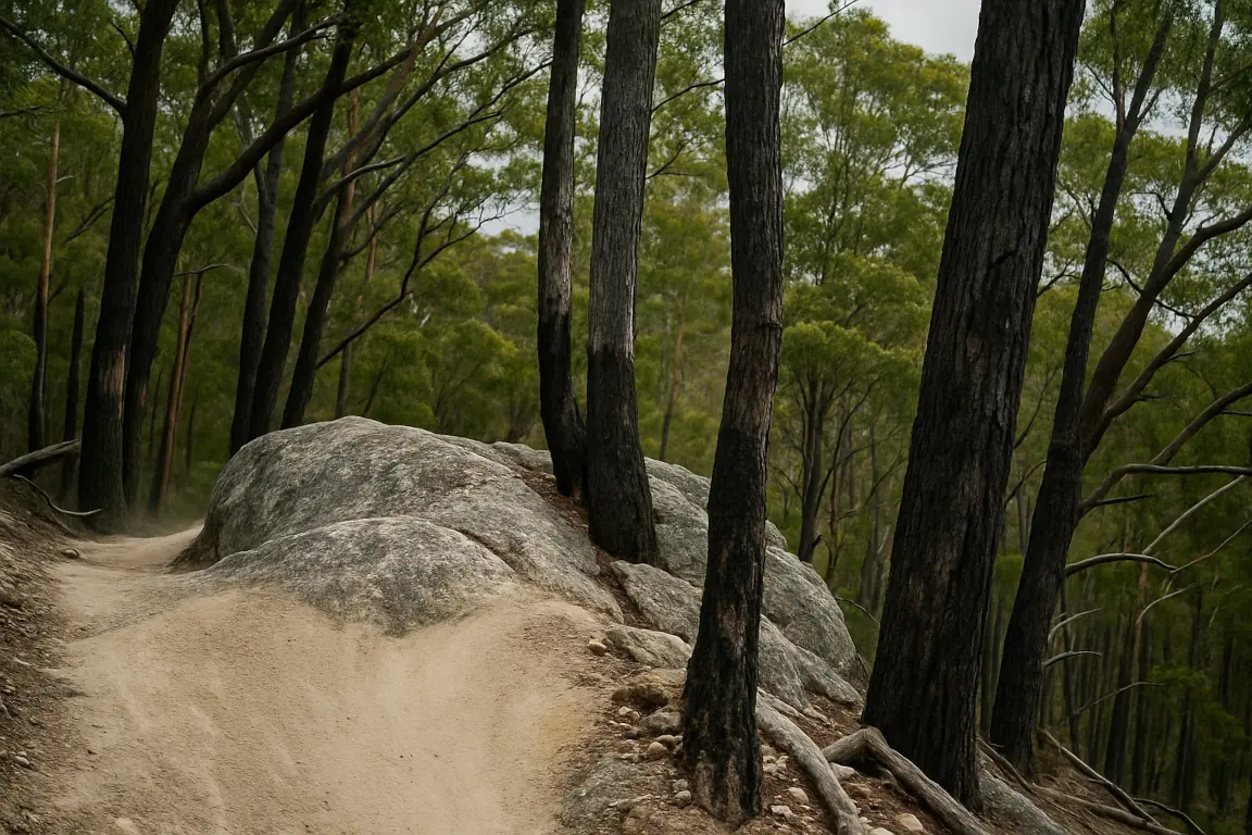 Natural rock feature integrated into a mountain bike trail
