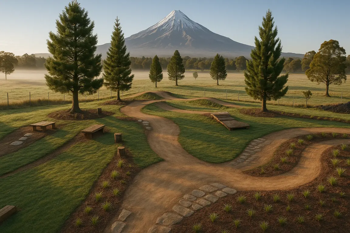 Professional mountain bike skills progression area with systematically arranged features of increasing difficulty for developing rider abilities from beginner to advanced