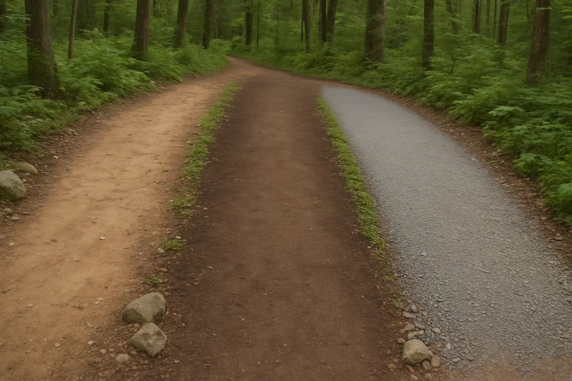 Professional trail builder analyzing different soil types and demonstrating proper compaction techniques for sustainable mountain bike trail construction