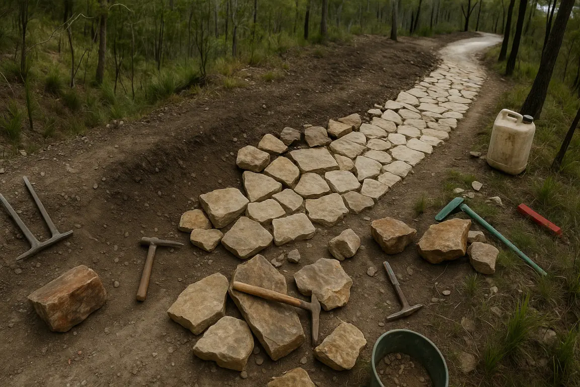 Professional trail armoring example showing expertly placed rock armoring on a steep mountain bike trail section preventing erosion while maintaining flow