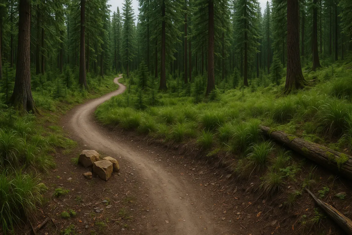Trail layout and flagging process showing a person marking a trail with flags through forest terrain