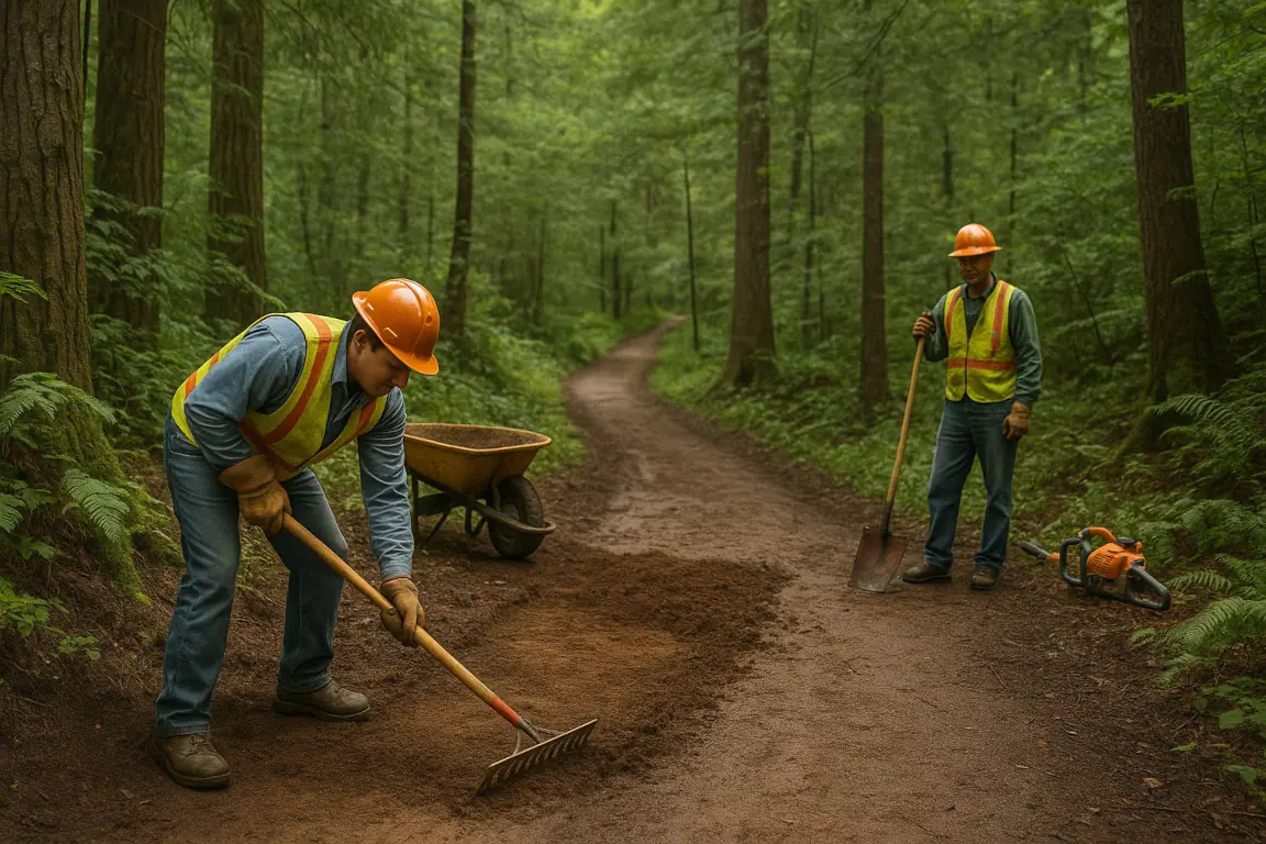 Trail maintenance crew working on a mountain bike trail