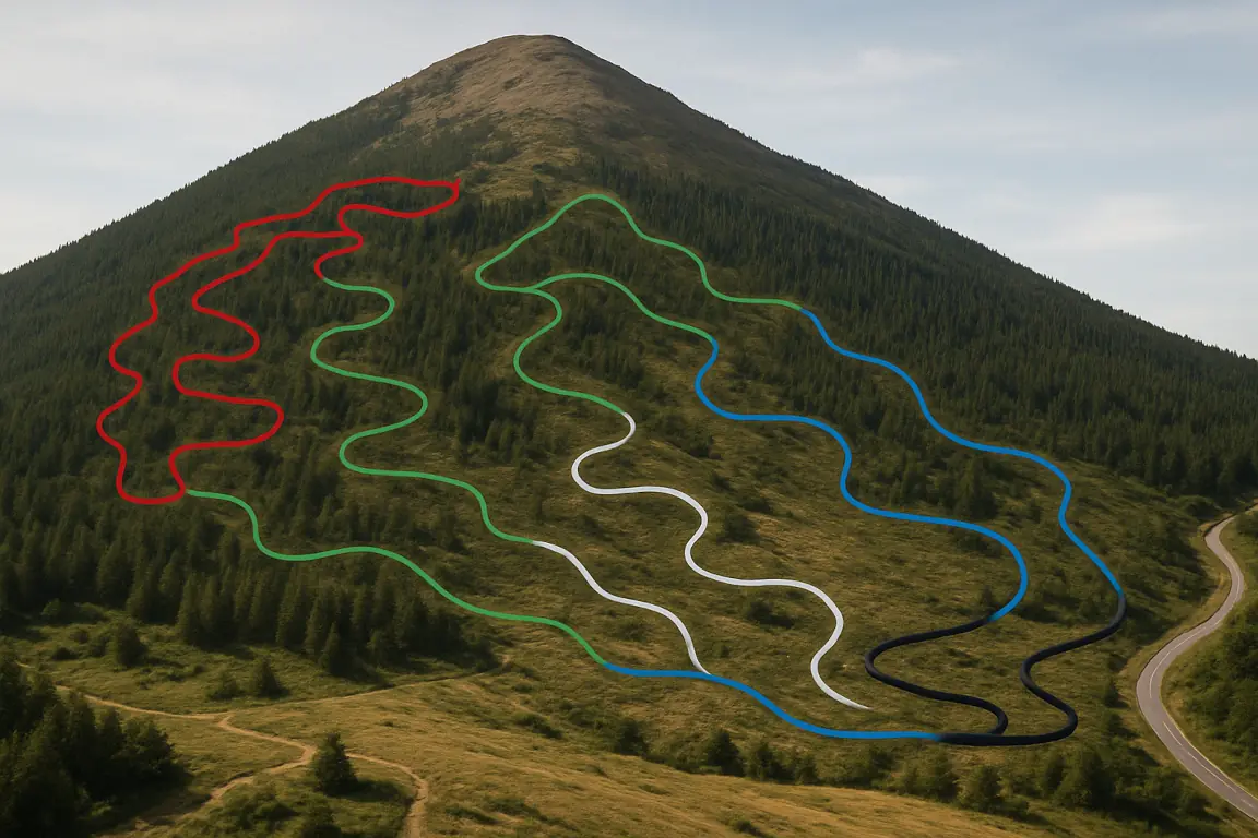 Professional aerial view of a strategically designed mountain bike trail network showing diverse trail types, progression options, and efficient land use patterns