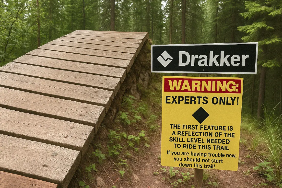 Professional mountain bike trail signage system with clear difficulty ratings, directional markers, and warning signs strategically placed to maximize rider safety and minimize liability